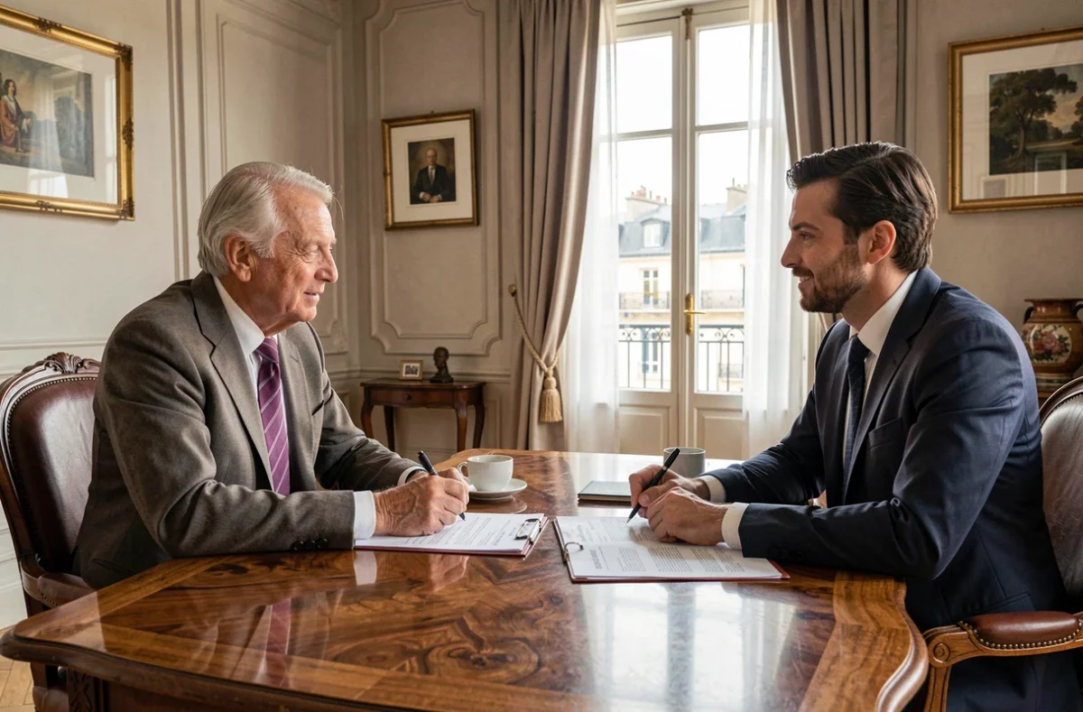 Conseil patrimonial multigénérationnel chez Laplace Bordeaux, grand-père et fils avec un conseiller