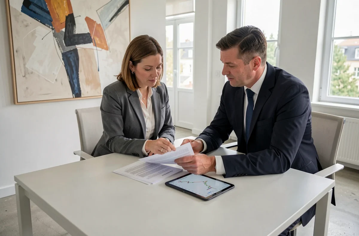 Deux conseillers de L&E Conseil Finance Patrimoine analysant des rapports financiers et patrimoniaux ensemble