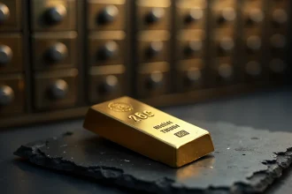 Lingot d'or de 250g posé sur une surface en ardoise dans un coffre-fort bancaire, avec les poinçons officiels visibles