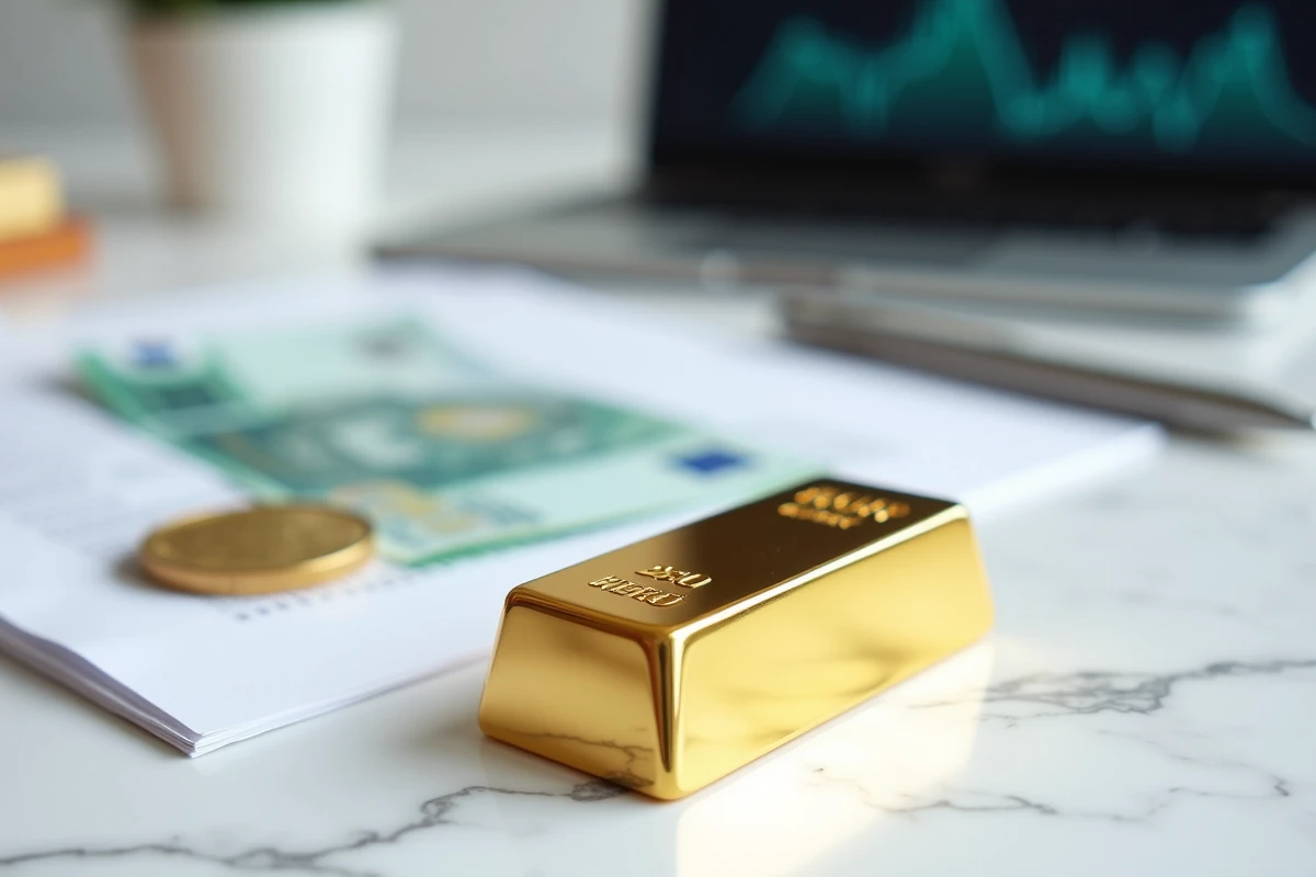Lingot d'or 250g entouré de billets en euros et d'un rapport de portefeuille sur une table en marbre blanc dans un bureau financier