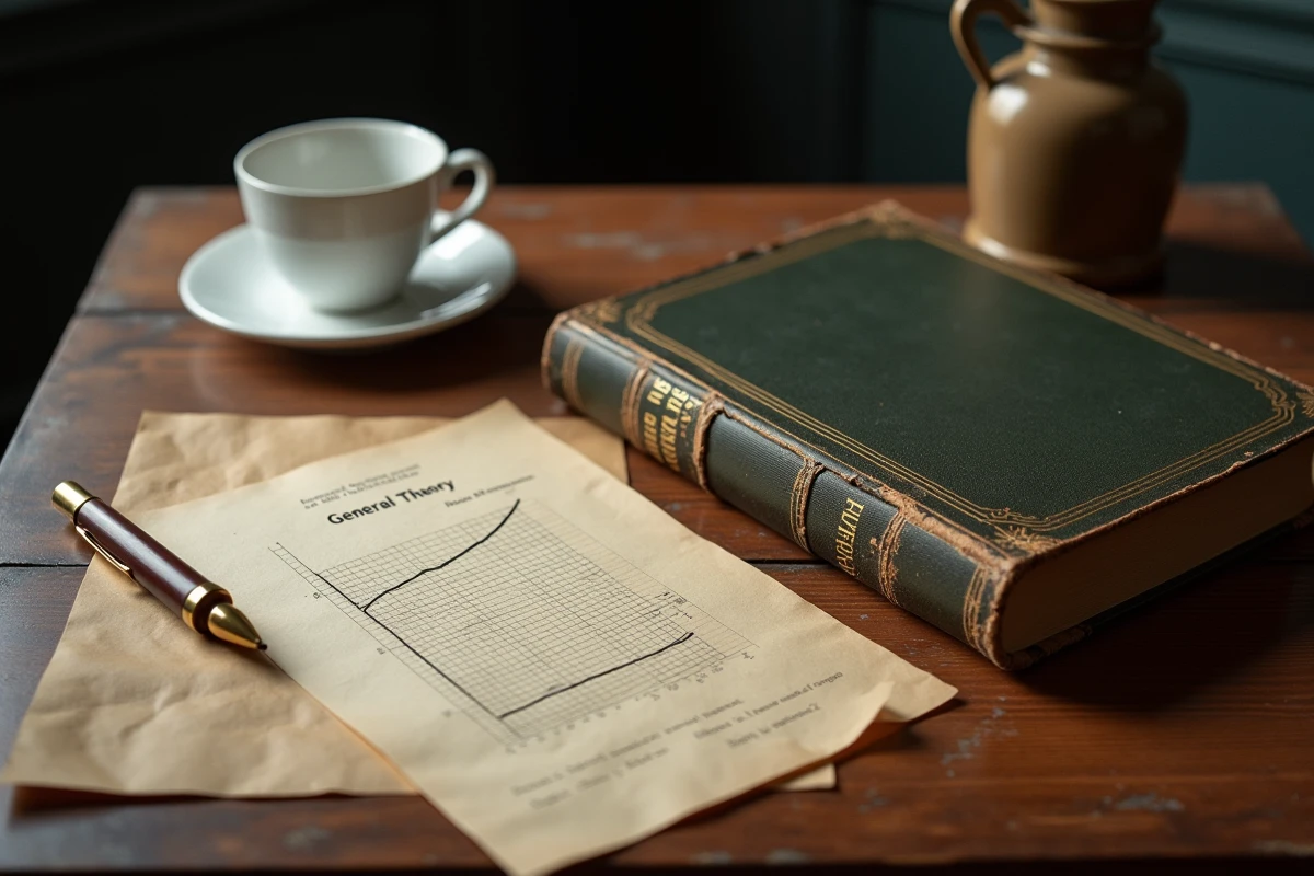 Livre de Keynes Théorie Générale ouvert sur une table avec des graphiques économiques manuscrits et une tasse de café