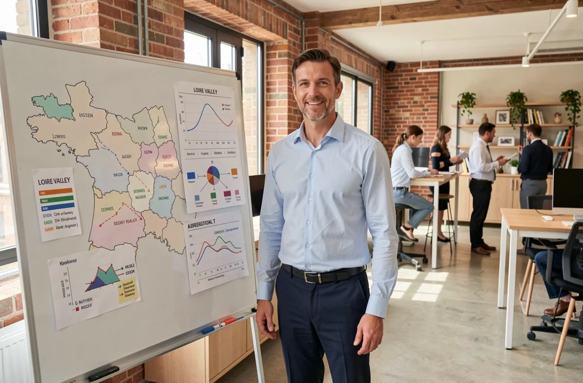 Consultant de Loire et Conseil présentant une stratégie fiscale régionale sur un tableau blanc dans un bureau moderne