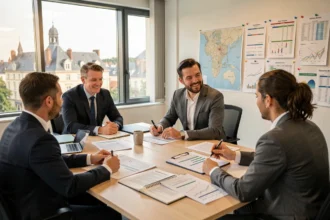 Conseiller en investissement locatif discutant avec des clients autour de documents immobiliers dans un bureau moderne à Angers, Maine-et-Loire