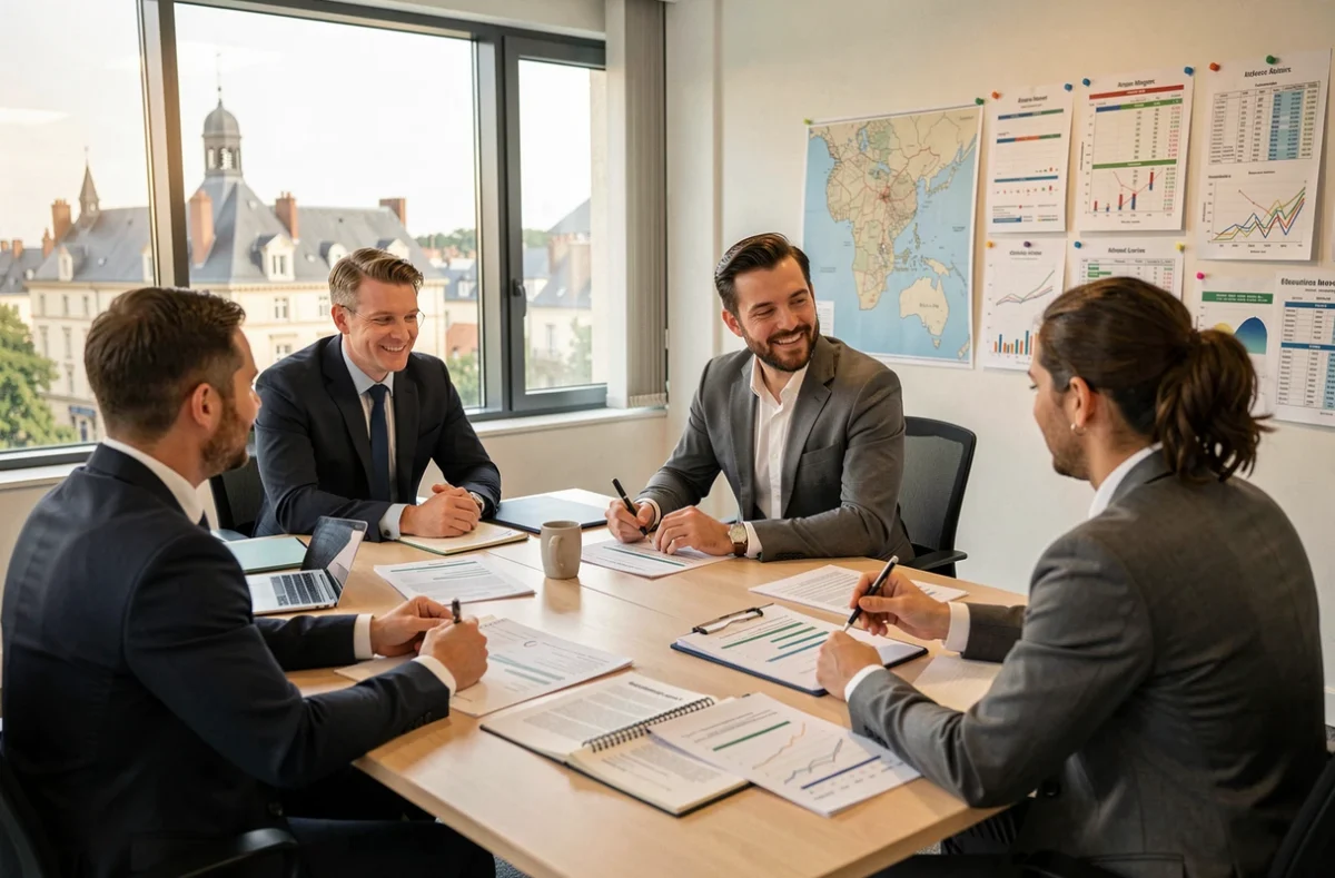 Conseiller en investissement locatif discutant avec des clients autour de documents immobiliers dans un bureau moderne à Angers, Maine-et-Loire