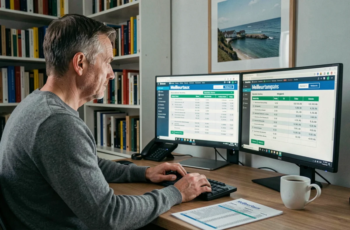 Utilisateur comparant des offres de crédit immobilier sur la plateforme Meilleurtaux depuis un bureau à domicile en Bretagne