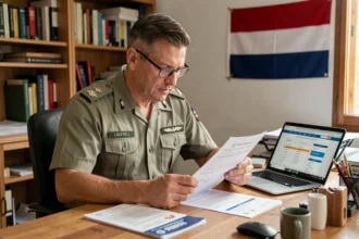 Militaire français comparant les garanties de la mutuelle Unéo sur des documents imprimés dans un bureau à domicile