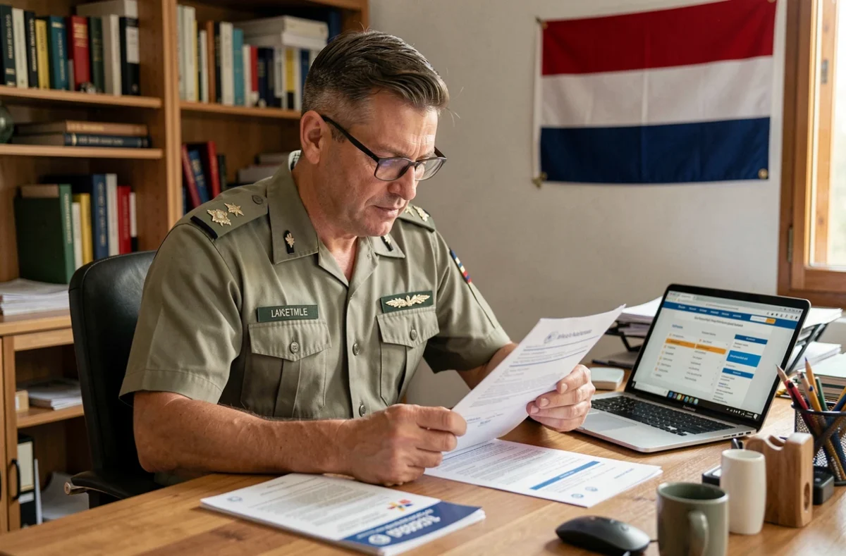 Militaire français comparant les garanties de la mutuelle Unéo sur des documents imprimés dans un bureau à domicile