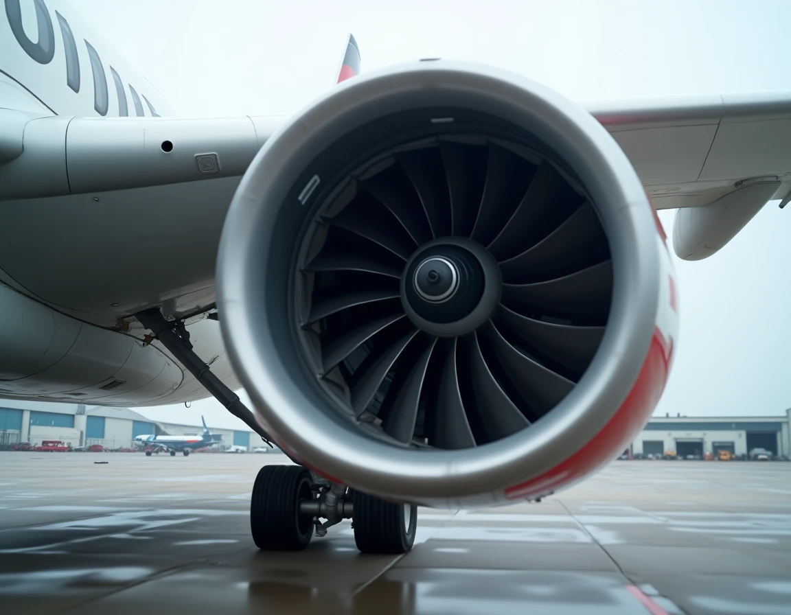 Moteur turbofan nouvelle génération d'un Airbus en gros plan révélant les matériaux composites et les aubes de soufflante