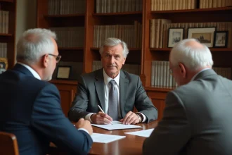 Conseiller notarial discutant d'un dossier de gestion de patrimoine avec un couple lors d'une consultation en cabinet