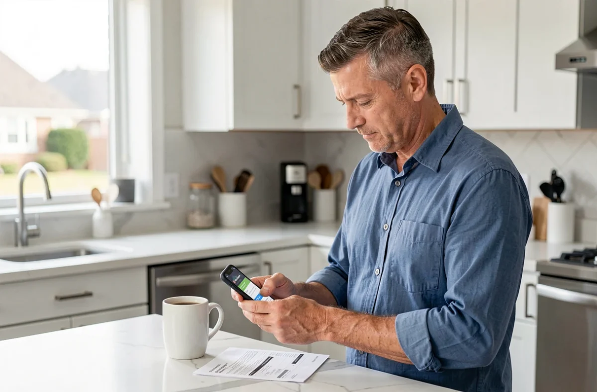 Homme payant une facture via une application bancaire sur smartphone dans une cuisine moderne sans frais supplémentaires