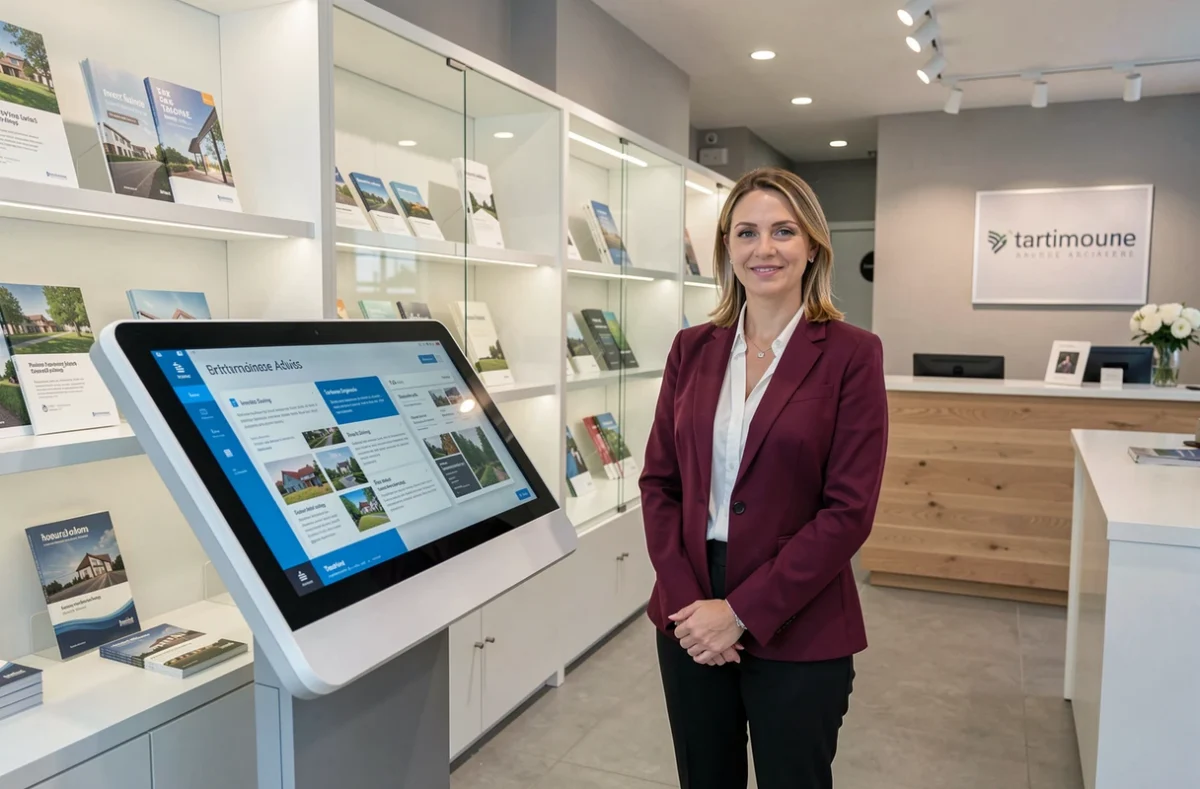 Conseillère de Patrimoine Store Touraine présentant des solutions de défiscalisation sur un écran interactif dans un espace moderne