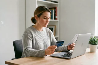 Femme payant une facture en ligne sans frais depuis son bureau à domicile avec une carte bancaire et un ordinateur portable