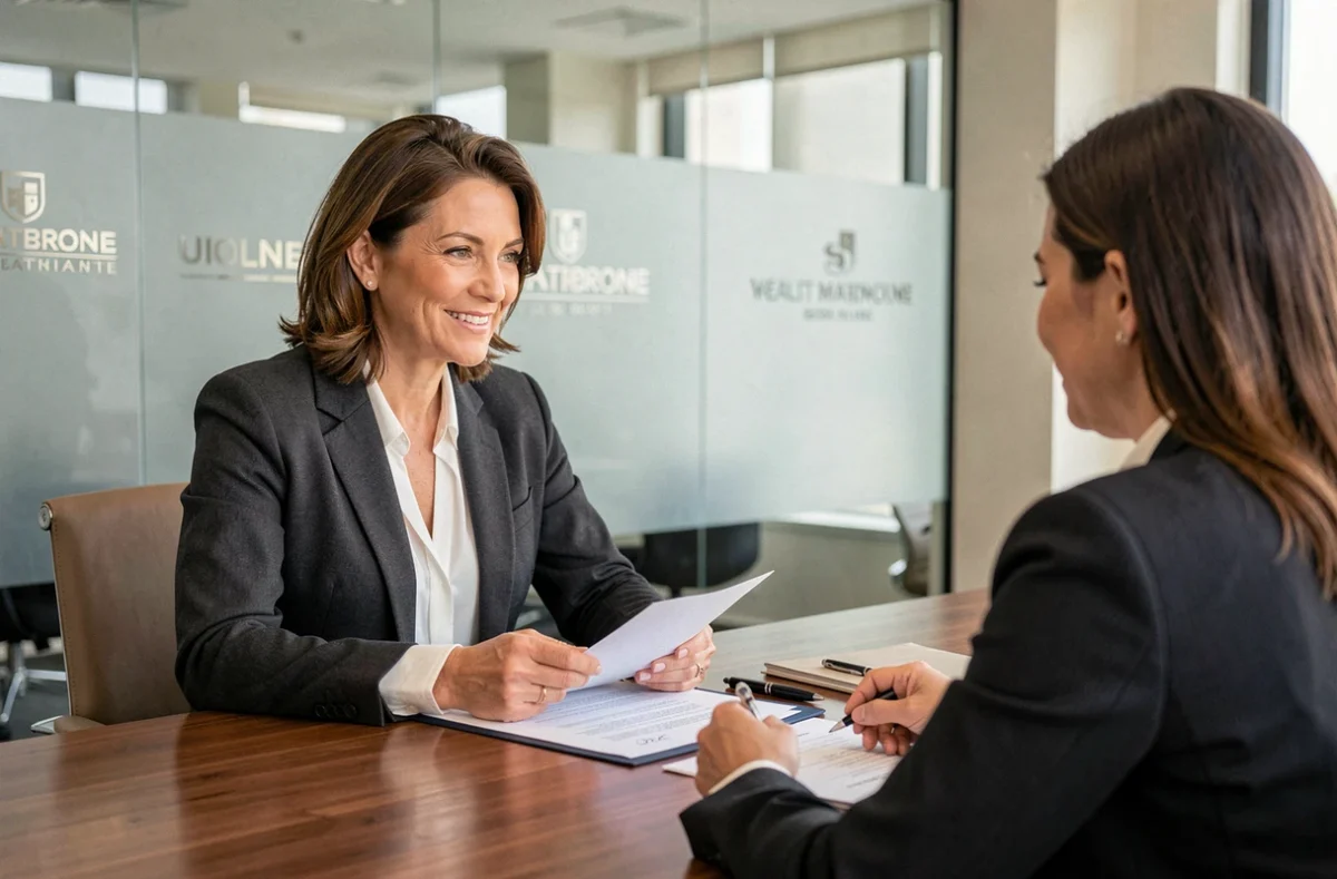 Conseillère du cabinet Pénicaud Gestion de Patrimoine en réunion avec des clients autour de documents de gestion patrimoniale