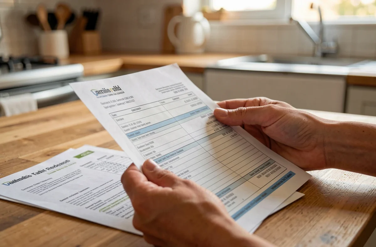 Personne comparant un relevé bancaire et une brochure tarifaire