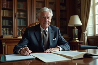 Philippe de Villiers dans son bureau de château examinant des documents financiers et des placements immobiliers