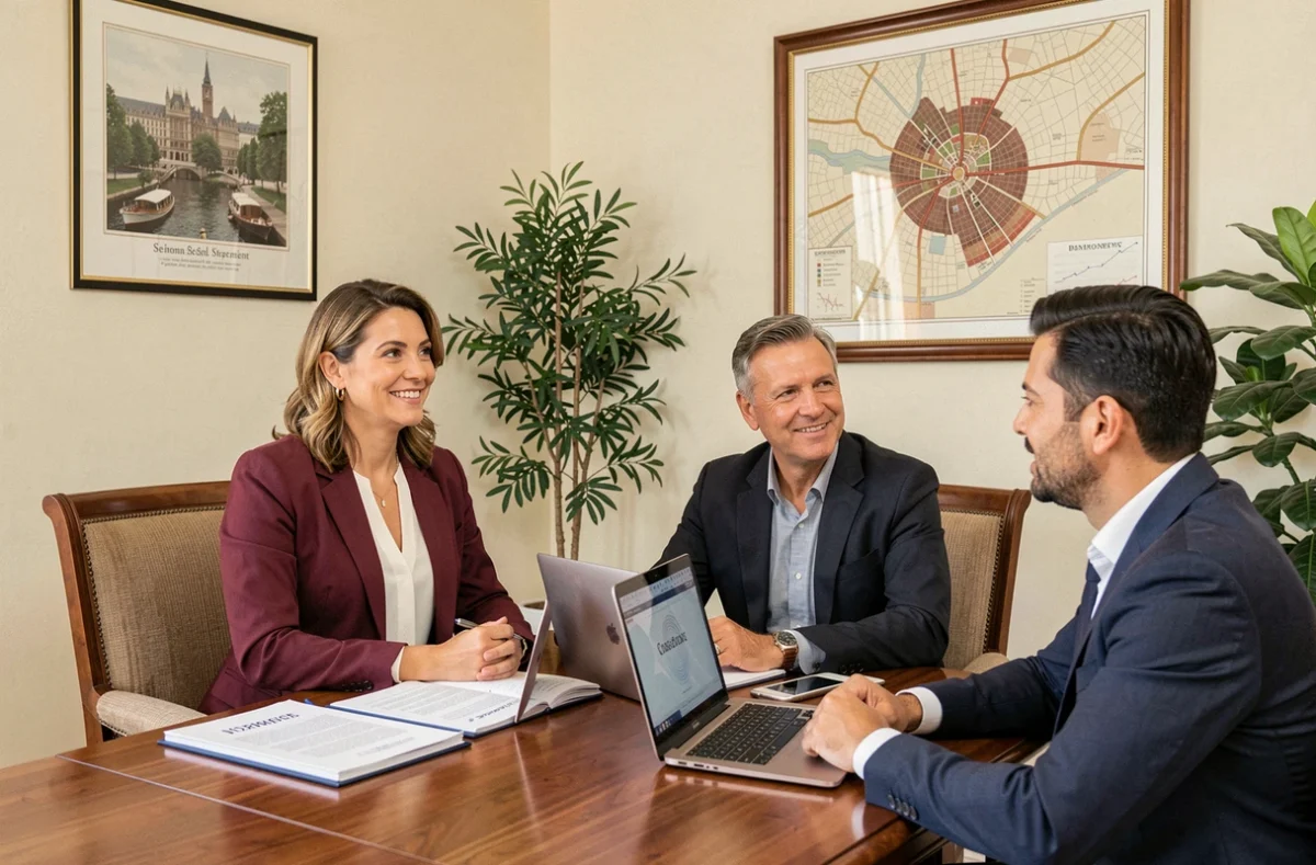 Gestion de patrimoine personnalisée chez PMP Patrimoine, conseillère accompagnant un couple client