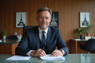 Présentateur français en costume élégant dans un bureau moderne