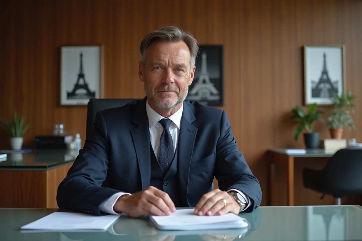 Présentateur français en costume élégant dans un bureau moderne