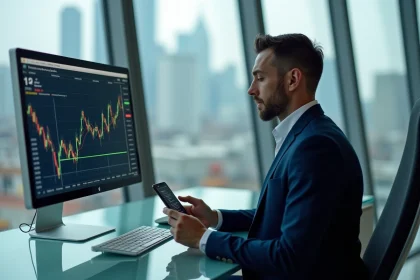 Homme d'affaires en costume bleu regardant l'écran bourse