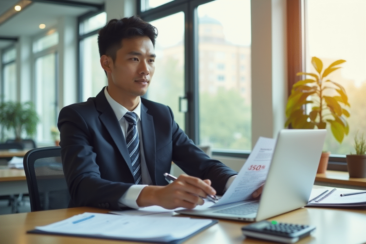 Jeune professionnel confiant dans un bureau moderne examinant des documents financiers