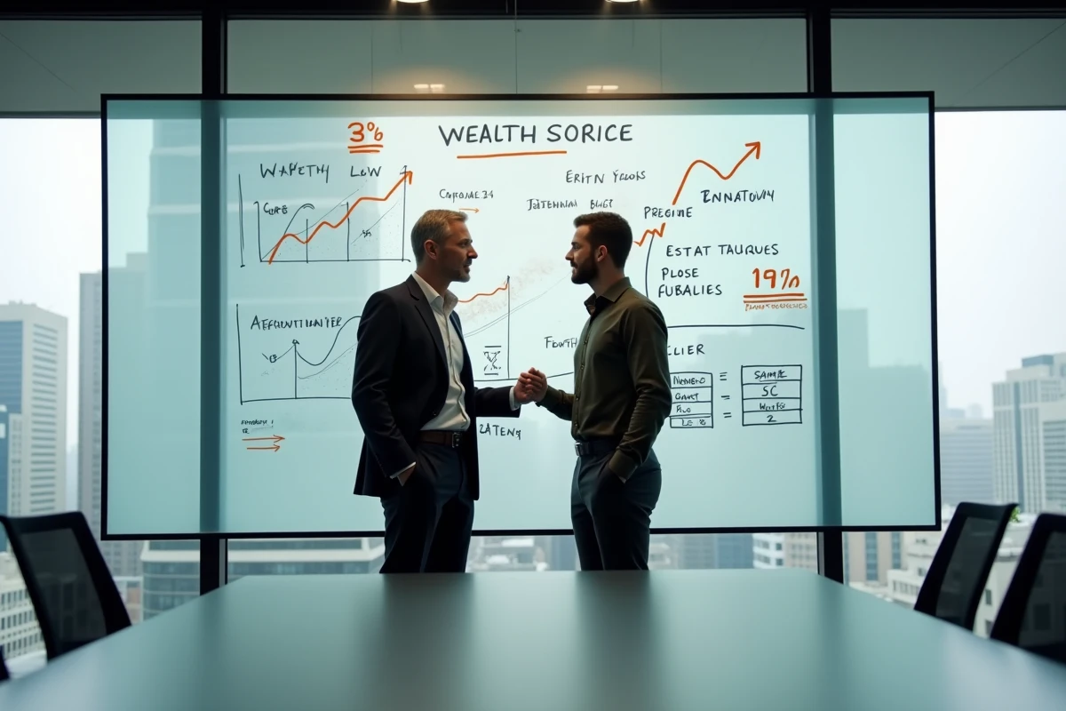 Deux professionnels analysant des données financières sur la fortune de GMK en salle de réunion