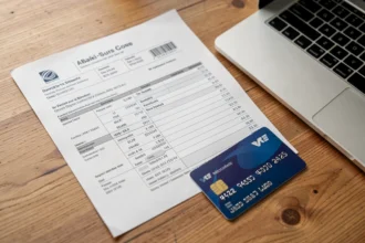 Relevé de compte bancaire posé sur un bureau à côté d'une carte