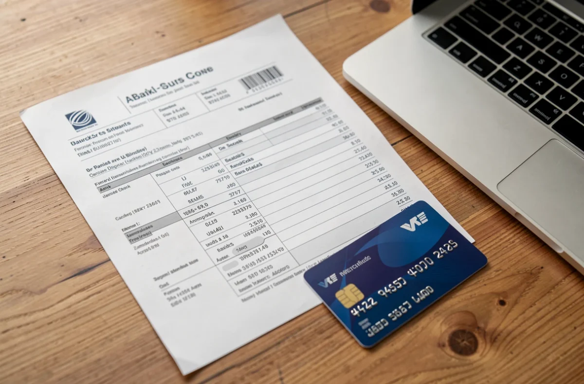 Relevé de compte bancaire posé sur un bureau à côté d'une carte