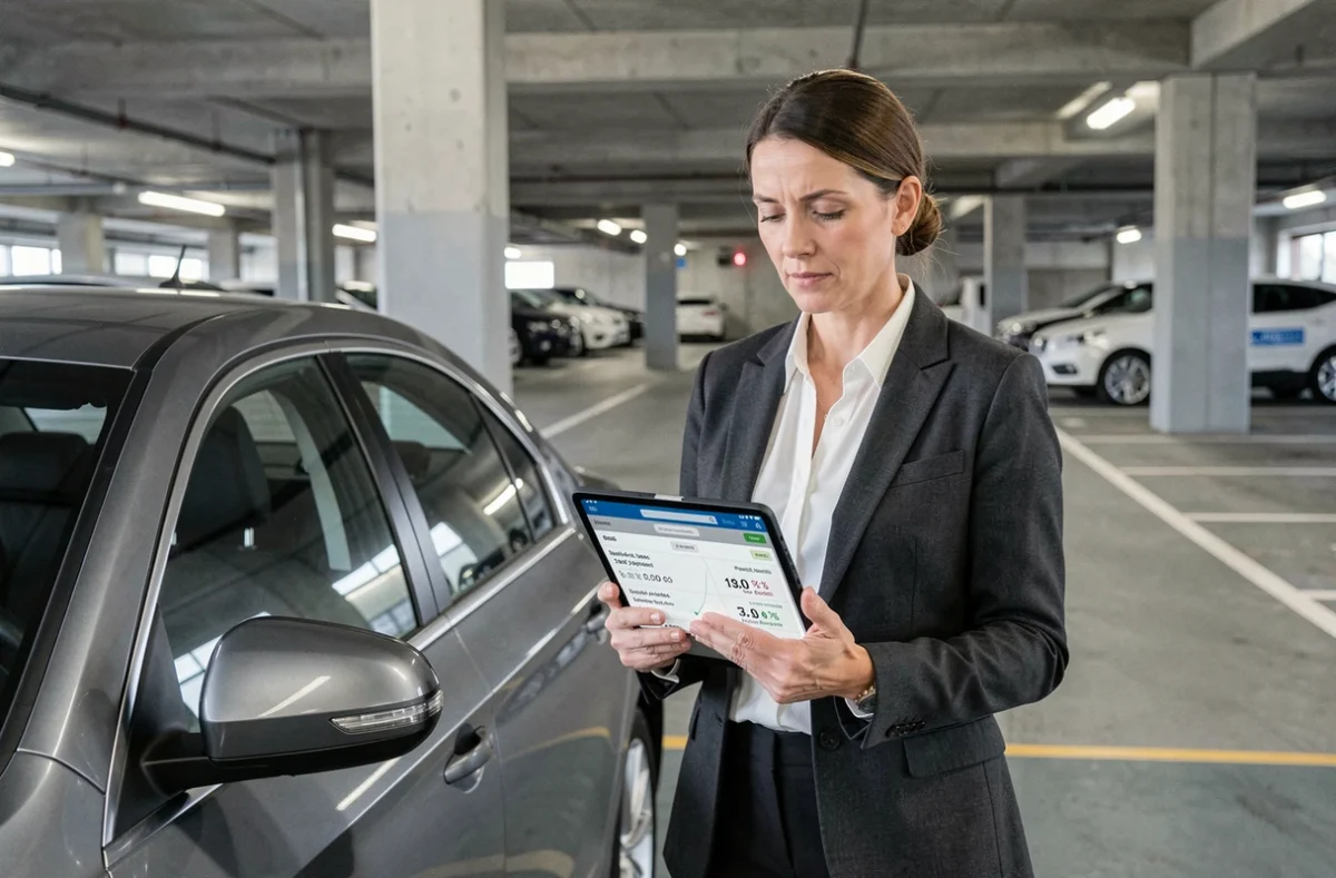 Responsable de flotte automobile consultant un simulateur TVS 2026 sur tablette dans un parking d'entreprise