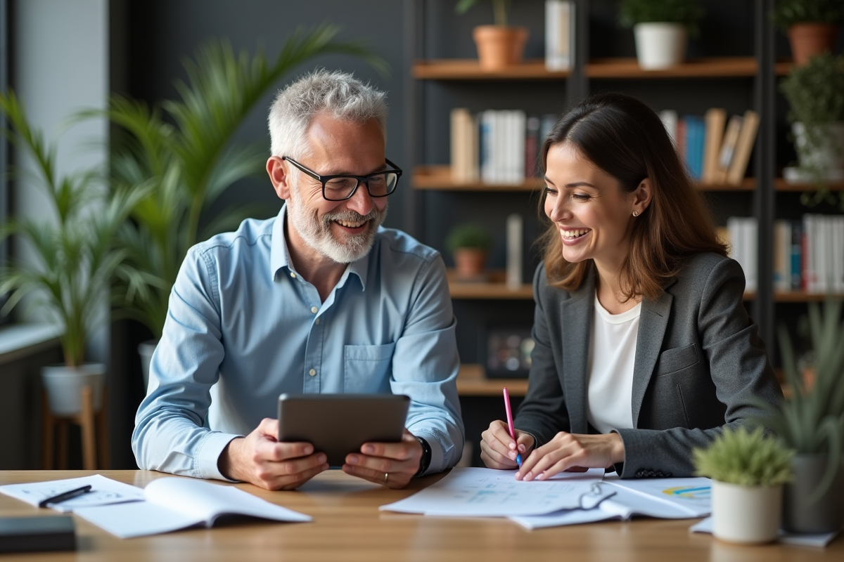 Manager RH discutant avec une collègue dans un bureau contemporain
