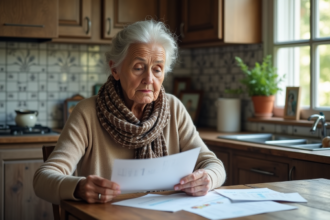 Femme retraitée française vérifiant ses comptes à la maison