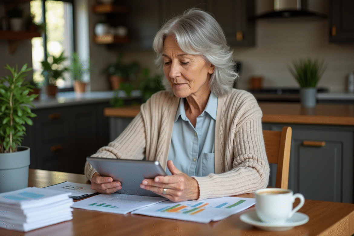 Femme retraitée concentrée sur ses finances avec tablette