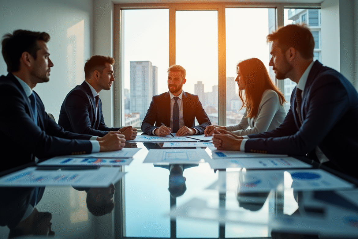 Réunion d'affaires avec des cadres analysant des graphiques financiers