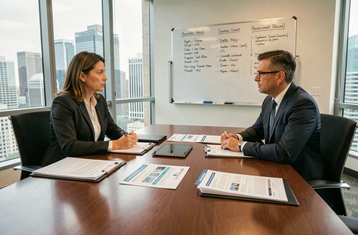 Deux professionnels discutant des tarifs et contrats d'assurance professionnelle en salle de réunion