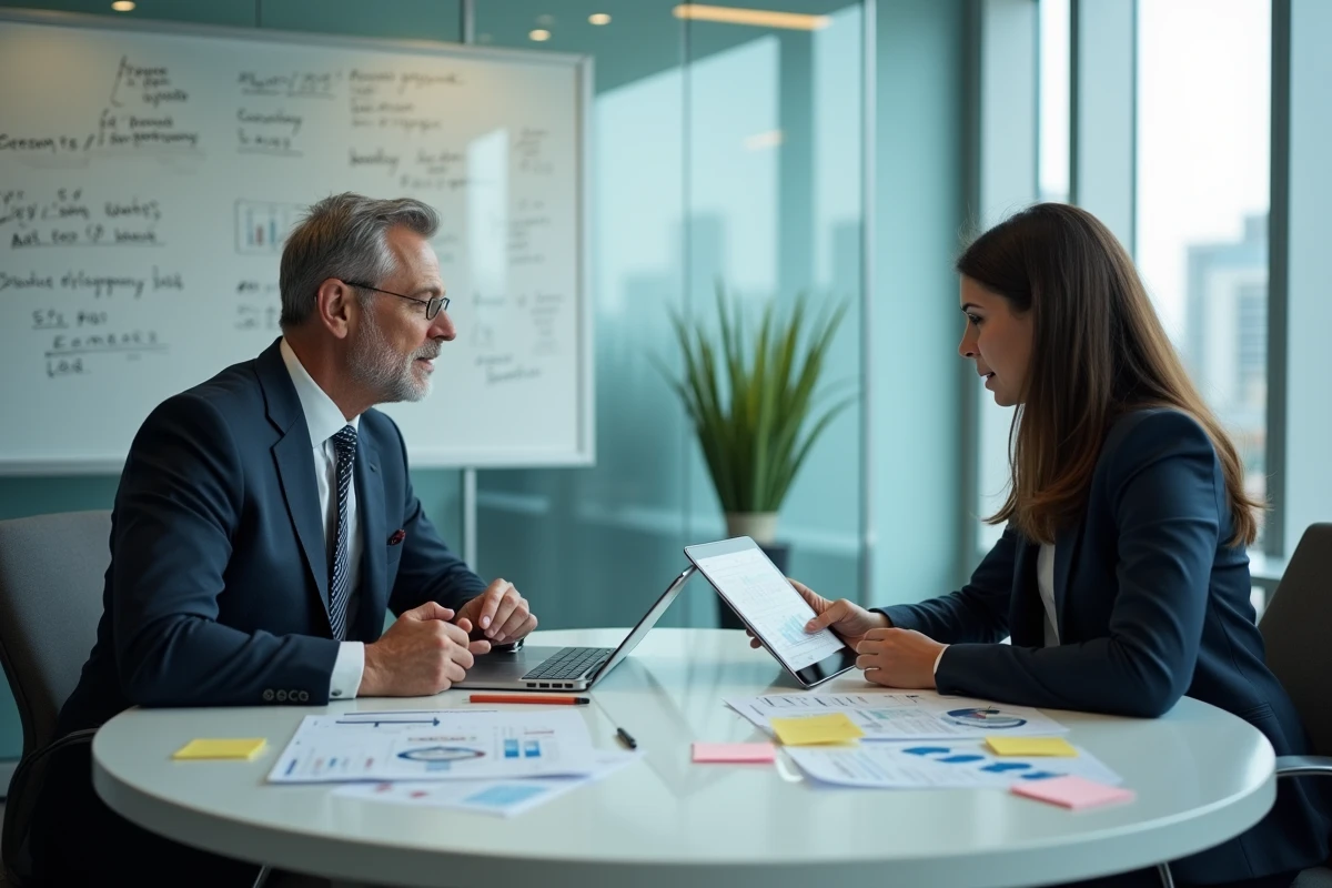 Deux professionnels de la finance comparant des rapports de rendement SCPI lors d'une réunion en salle de conférence vitrée