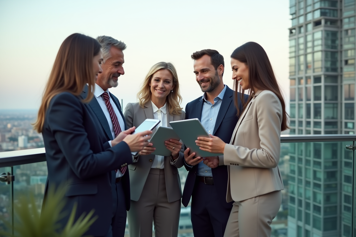 Groupe de dirigeants divers discutant sur un toit avec vue urbaine
