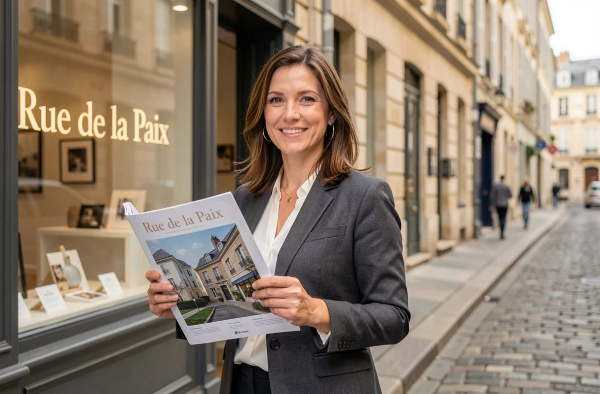 Agente immobilière de Rue de la Paix Immo devant la vitrine de l'agence avec des brochures de biens locatifs
