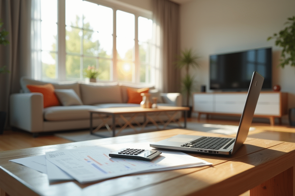 Salon moderne avec documents et calculatrice pour optimiser revenus location