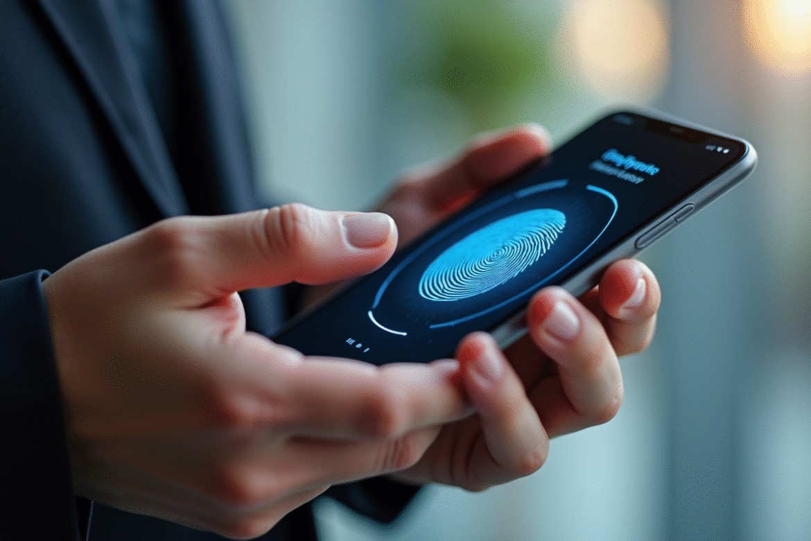 Main tenant un smartphone avec application bancaire securisee