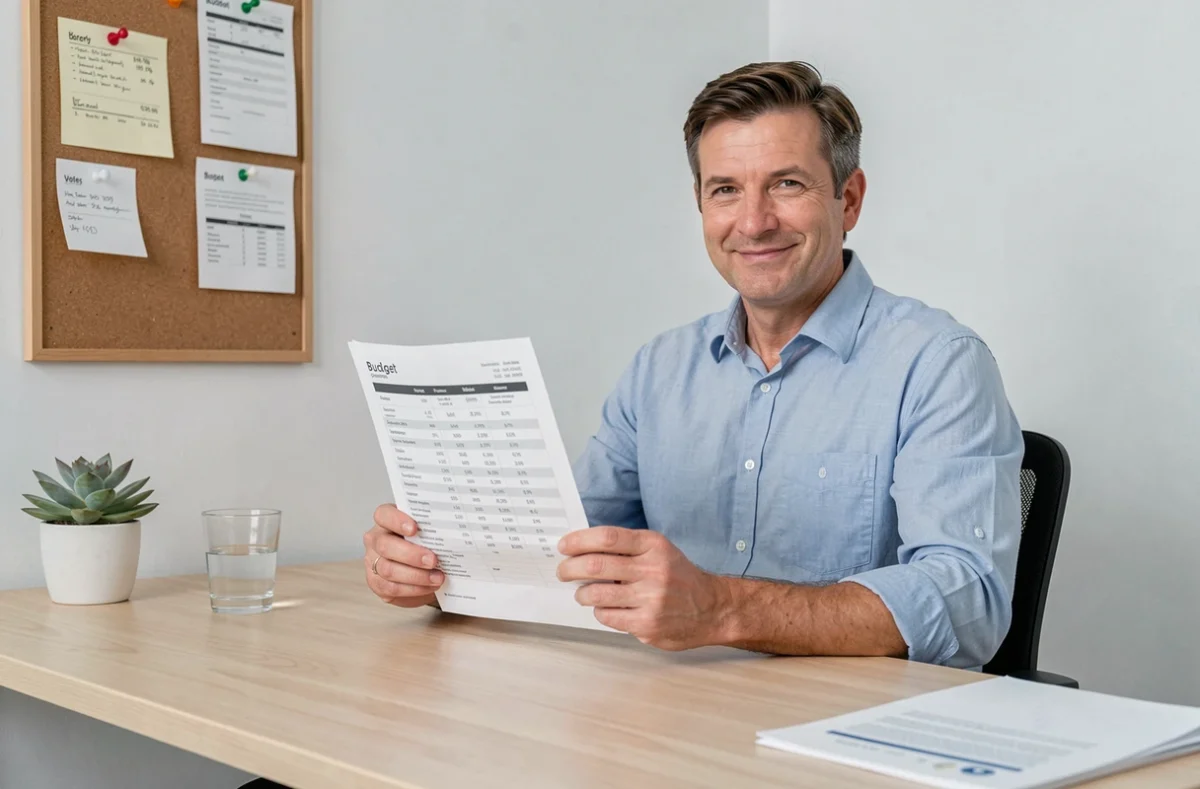 Homme souriant consultant un résumé budgétaire imprimé dans un bureau à domicile organisé, illustrant la sérénité financière avec Econozen