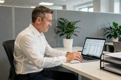 Comptable d'entreprise utilisant un simulateur de calcul TVS 2026 sur ordinateur portable dans un bureau professionnel