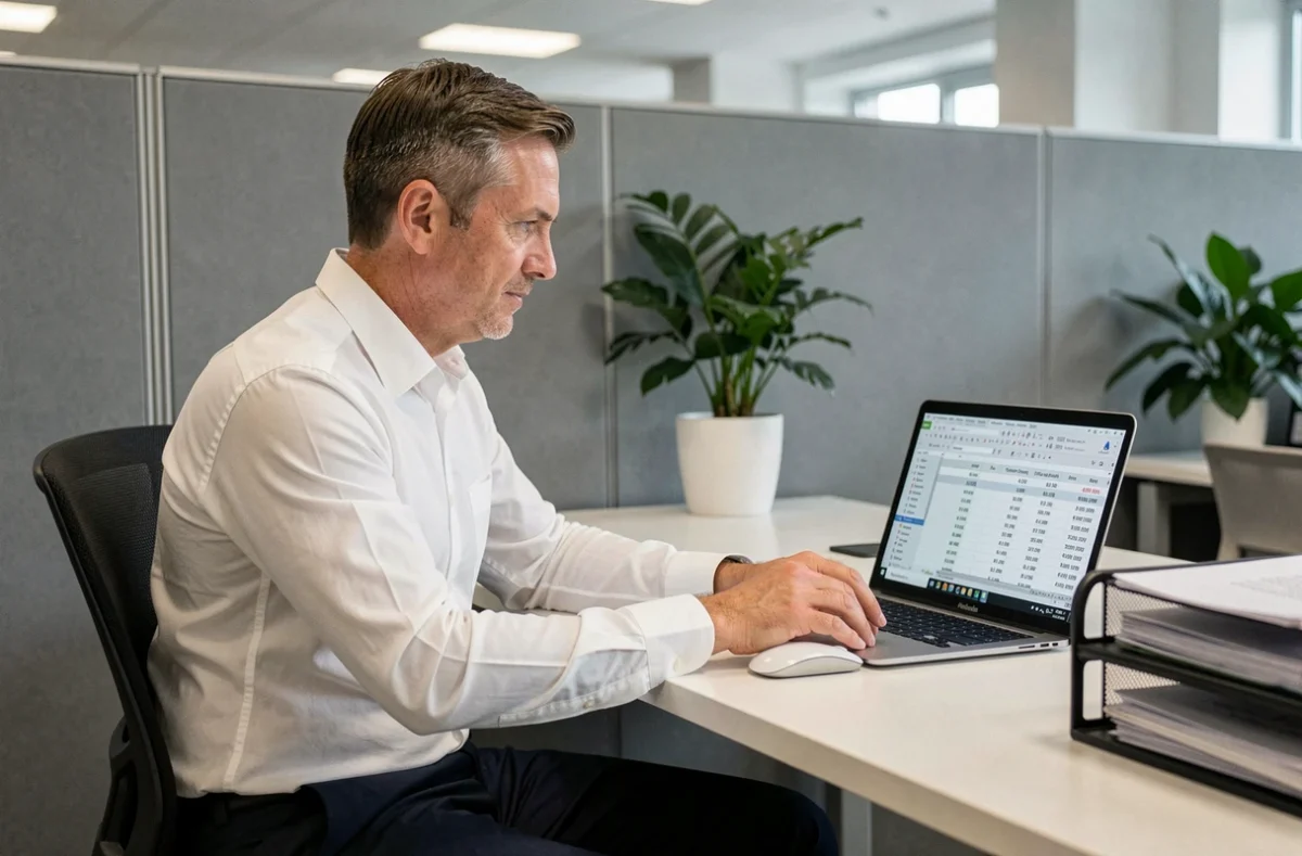 Comptable d'entreprise utilisant un simulateur de calcul TVS 2026 sur ordinateur portable dans un bureau professionnel