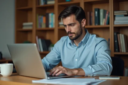 Homme en chemise bleue utilisant un simulateur de frais kilométriques sur son ordinateur portable à domicile