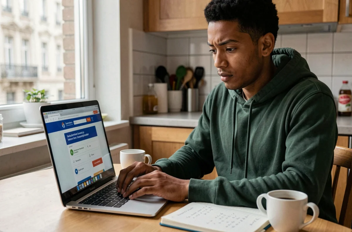 Jeune personne simulant ses droits au chômage sur ordinateur après moins d'un an de travail avec un salaire de 1350 euros net