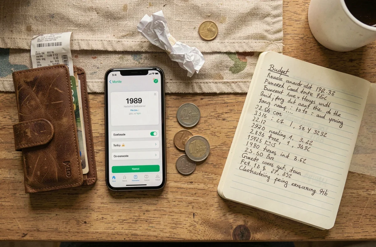 Vue aérienne d'un bureau modeste avec smartphone affichant un solde négatif, portefeuille vide et carnet budgétaire, illustrant la gestion financière difficile d'un bénéficiaire du RSA