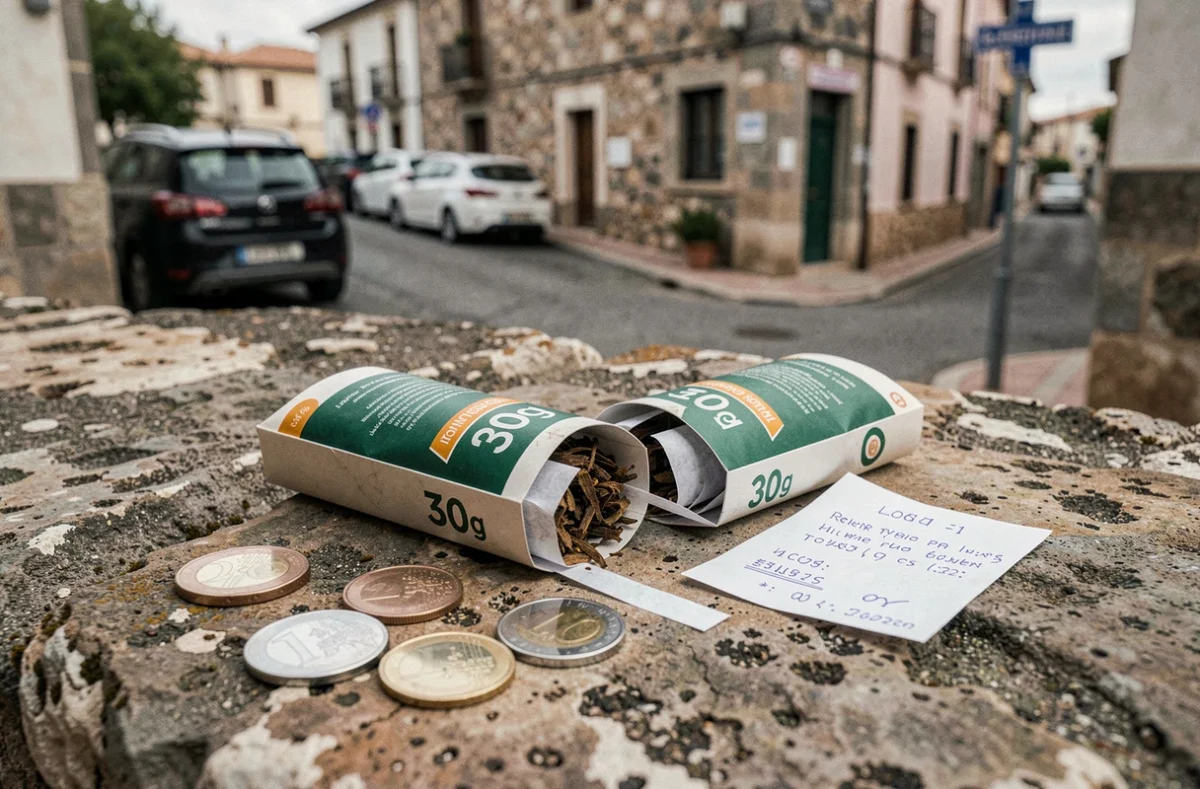 Tabac à rouler 30g et pièces en euros sur un mur en pierre dans une ville frontalière espagnole