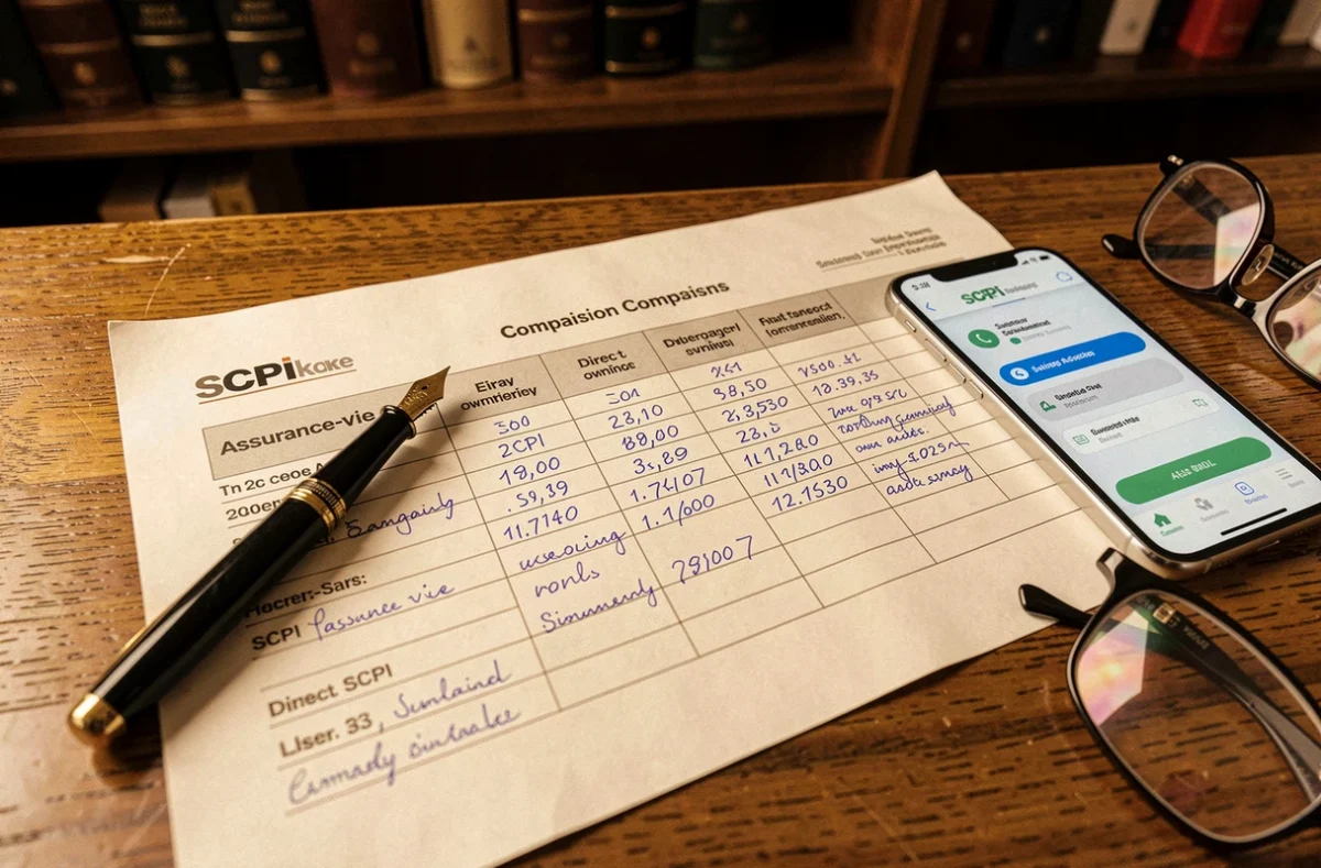 Tableau de comparaison SCPI assurance-vie avec stylo et smartphone sur un bureau en bois
