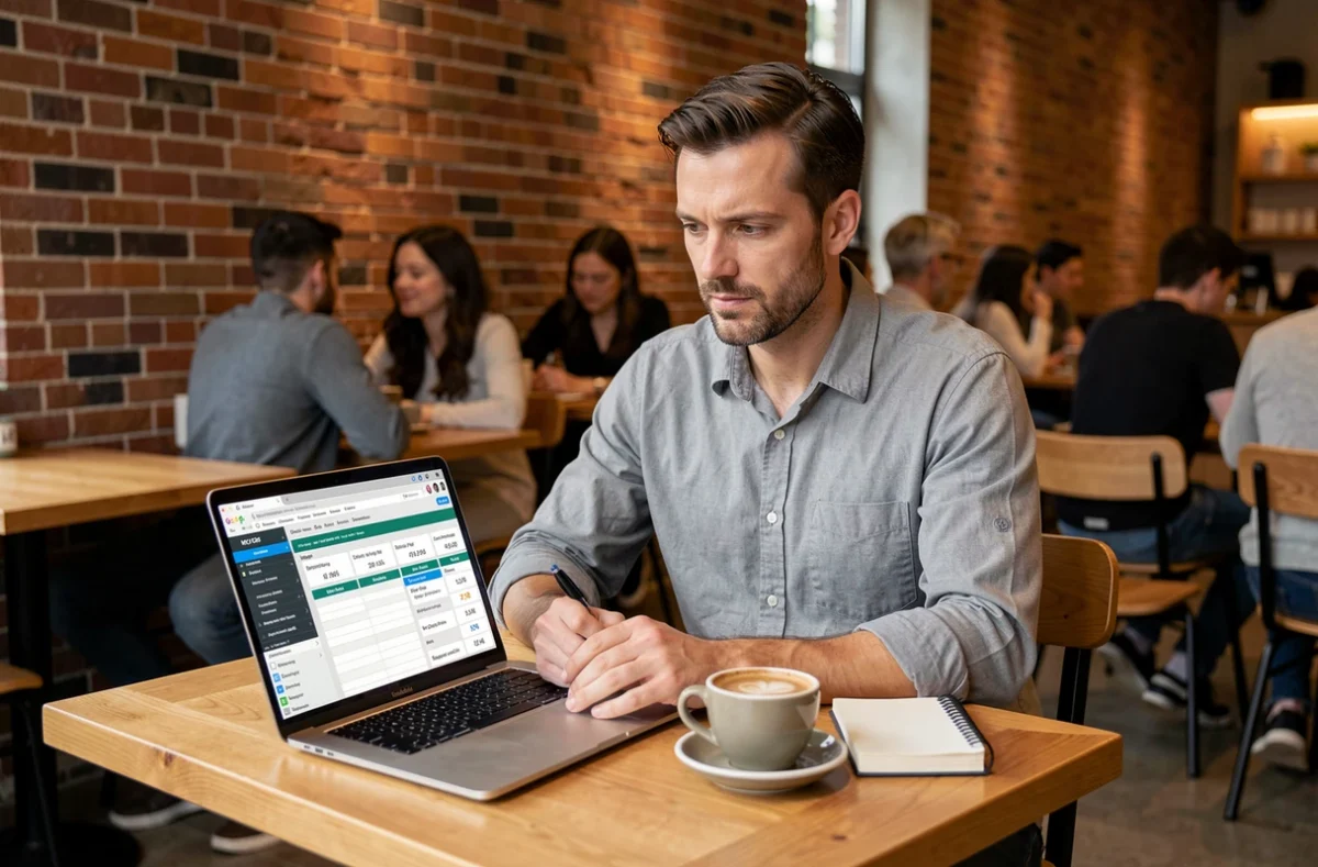 Entrepreneur masculin comparant les tarifs d'assurance professionnelle sur ordinateur portable dans un café