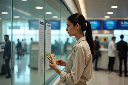 Femme comparant des billets de dirham marocain au guichet de change d'un aéroport avec affichage du taux euro