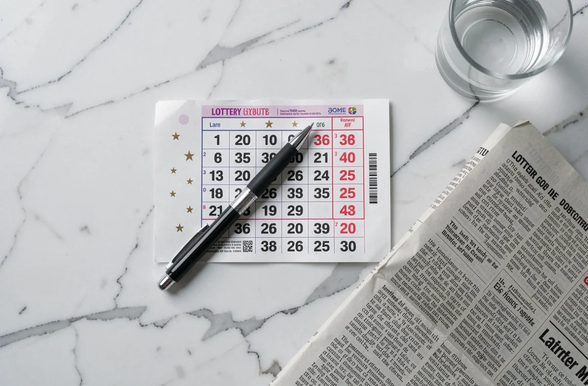 Vue aérienne d'un ticket Euromillions posé sur une table en marbre avec un journal ouvert aux résultats du tirage