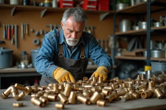 Homme triant des pièces en laiton sur un établi dans un garage avant de les apporter chez un ferrailleur